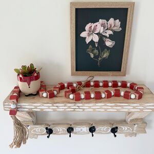 Wooden Red Square Bead Garland with Tassel Natural Farmhouse Boho Decor